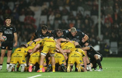 241026 - Ospreys v Dragons - United Rugby Championship - Tom Botha, Sam Parry and Gareth Thomas of Ospreys 