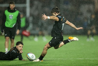 241026 - Ospreys v Dragons - United Rugby Championship - Dan Edwards of Ospreys kicks the conversion