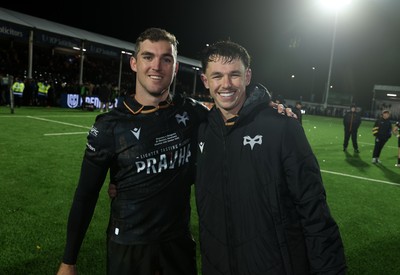 241026 - Ospreys v Dragons - United Rugby Championship - Lawson Creighton and Tom Rogers of Ospreys at full time