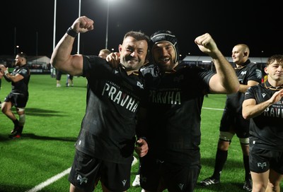 241026 - Ospreys v Dragons - United Rugby Championship - Sam Parry and Morgan Morris of Ospreys at full time