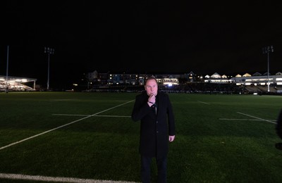 241026 Ospreys v Dragons RFC, BKT United Rugby Championship - Swansea City Council Leader Rob Stewart blows a ceremonial whistle  ahead of the start of  the first match at the newly developed St Helens