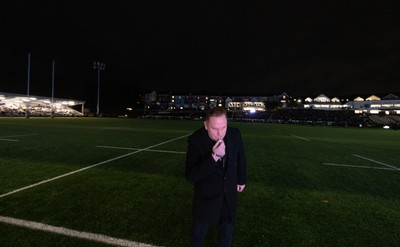 241026 Ospreys v Dragons RFC, BKT United Rugby Championship - Swansea City Council Leader Rob Stewart blows a ceremonial whistle  ahead of the start of  the first match at the newly developed St Helens