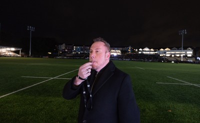 241026 Ospreys v Dragons RFC, BKT United Rugby Championship - Swansea City Council Leader Rob Stewart blows a ceremonial whistle  ahead of the start of  the first match at the newly developed St Helens
