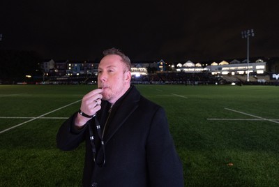 241026 Ospreys v Dragons RFC, BKT United Rugby Championship - Swansea City Council Leader Rob Stewart blows a ceremonial whistle  ahead of the start of  the first match at the newly developed St Helens