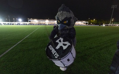 241026 Ospreys v Dragons RFC, BKT United Rugby Championship - Ozzy the Osprey mascot waits for the Ospreys run out for the first match at the newly developed St Helens