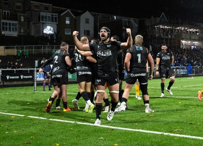 241026 Ospreys v Dragons RFC, BKT United Rugby Championship - Morgan Morris of Ospreys celebrates after Ross Moriarty of Ospreys powers over to score try