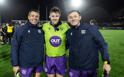 241026 Ospreys v Dragons RFC, BKT United Rugby Championship - Referee Ben Whitehouse with assistants Craig Evans, left, and Ben Breakspear at the end of the match