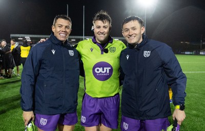 241026 Ospreys v Dragons RFC, BKT United Rugby Championship - Referee Ben Whitehouse with assistants Craig Evans, left, and Ben Breakspear at the end of the match