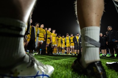 241026 Ospreys v Dragons RFC, BKT United Rugby Championship - The Dragons squad huddle up at the end of the match