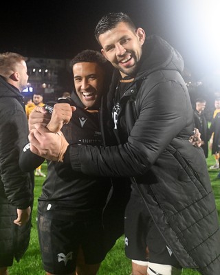 241026 - Ospreys v Dragons RFC - United Rugby Championship - Keelan Giles and Rhys Davies of Ospreys at full time