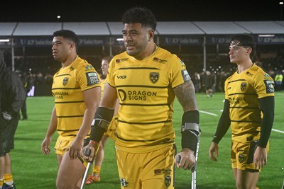 241026 - Ospreys v Dragons RFC - United Rugby Championship - Fetuli Paea of Dragons at full time on cutches