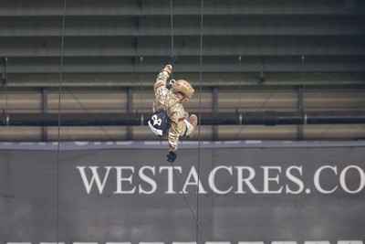 260425 - Ospreys v Dragons RFC - United Rugby Championship - Marines deliver match ball