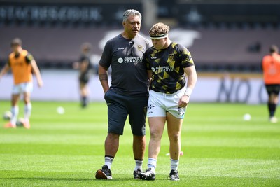 260425 - Ospreys v Dragons RFC - United Rugby Championship - Dragons Head Coach, Filo Tiatia with Brodie Coughlan of Dragons