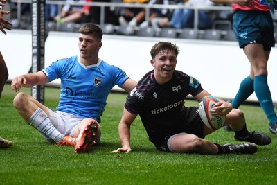 260425 - Ospreys v Dragons RFC - United Rugby Championship - Dan Edwards of Ospreys celebrates scoring a try