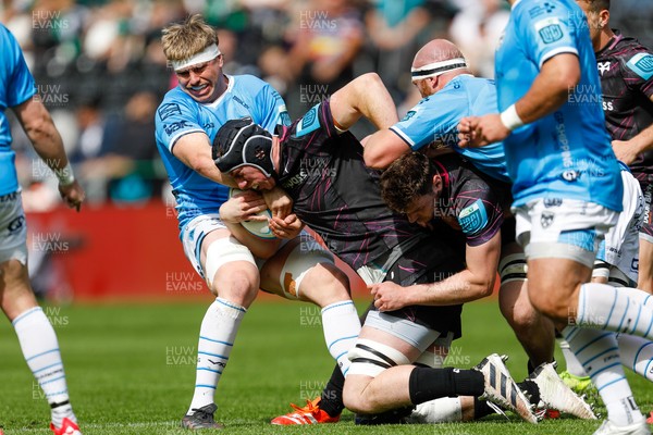 260425 - Ospreys v Dragons RFC - United Rugby Championship - Adam Beard of Ospreys is tackled by Aaron Wainwright of Dragons 