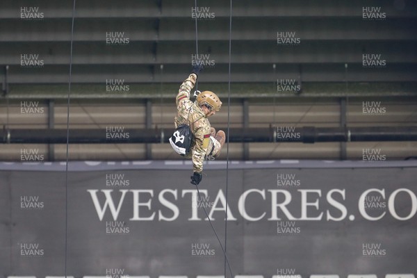 260425 - Ospreys v Dragons RFC - United Rugby Championship - Marines deliver match ball