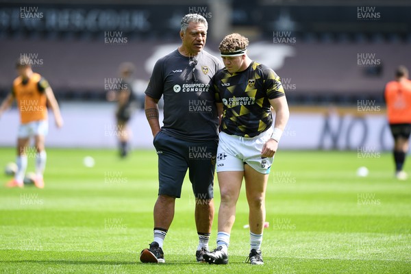 260425 - Ospreys v Dragons RFC - United Rugby Championship - Dragons Head Coach, Filo Tiatia with Brodie Coughlan of Dragons