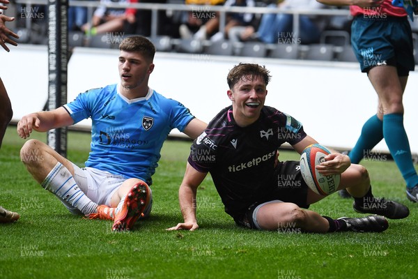 260425 - Ospreys v Dragons RFC - United Rugby Championship - Dan Edwards of Ospreys celebrates scoring a try