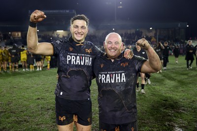 310126 - Ospreys v Dragons - United Rugby Championship - Max Nagy and Rhys Henry of Ospreys celebrate at full time
