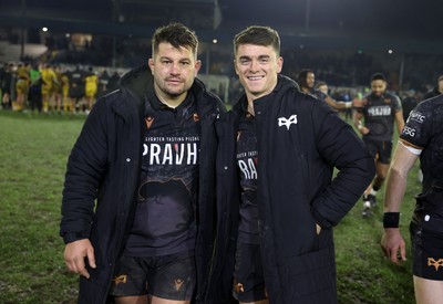 310126 - Ospreys v Dragons - United Rugby Championship - Tom Botha and Reuben Morgan-Williams of Ospreys celebrate at full time