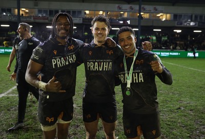 310126 - Ospreys v Dragons - United Rugby Championship - Dan Kasende, Jack Walsh and Keelan Giles of Ospreys celebrate at full time