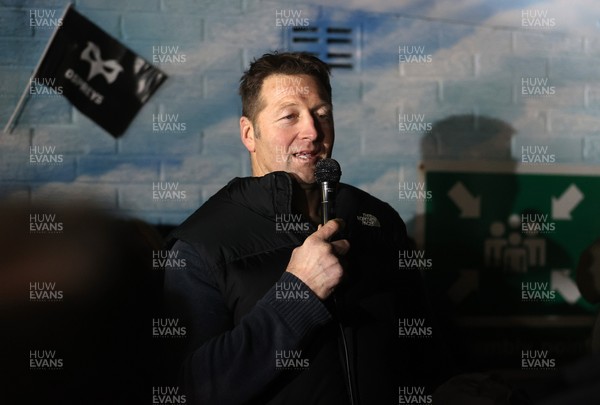 310126 - Ospreys v Dragons - United Rugby Championship - Fans protest before the game, Ian Gough speaks to the crowd