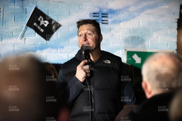 310126 - Ospreys v Dragons - United Rugby Championship - Fans protest before the game, Ian Gough speaks to the crowd