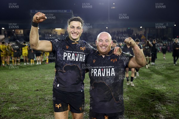310126 - Ospreys v Dragons - United Rugby Championship - Max Nagy and Rhys Henry of Ospreys celebrate at full time