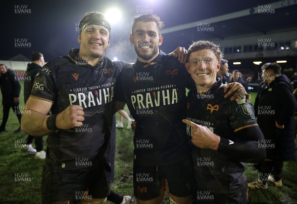 310126 - Ospreys v Dragons - United Rugby Championship - Morgan Morse, Marco de Witt and Harri Houston of Ospreys celebrate at full time