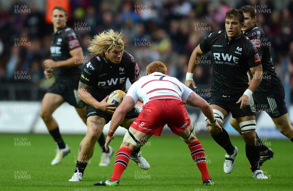 210913 - Ospreys v Edinburgh - RaboDirect PRO12 -Richard Hibbard of Ospreystakes on Roddy Grant of Edinburgh