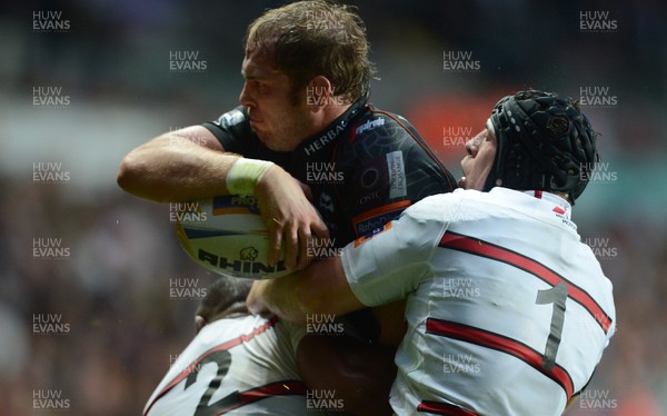 210913 - Ospreys v Edinburgh - RaboDirect PRO12 -Alun Wyn Jones of Ospreys is tackled by Aleki Lutui and Alasdair Dickinson of Edinburgh