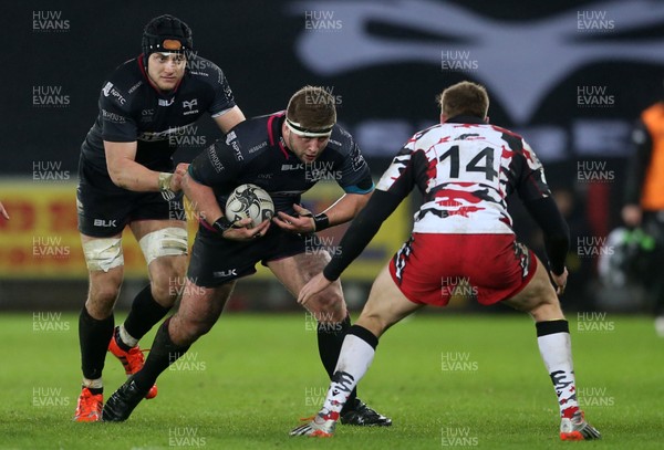 190216 - Ospreys v Edinburgh - Guinness PRO12 - Scott Otten of Ospreys is tackled by Dougie Fife of Edinburgh