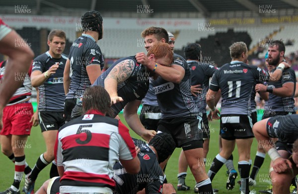 210914 - Ospreys v Edinburgh - Guinness PRO12 - Dan Baker of Ospreys is helped over the line to try their third try 