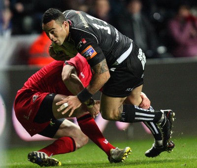 220213 - Ospreys v Edinburgh Rugby, RaboDirect PRO12 - Ospreys Kahn Fotuali'i  takes on Edinburgh's Ben Cairns