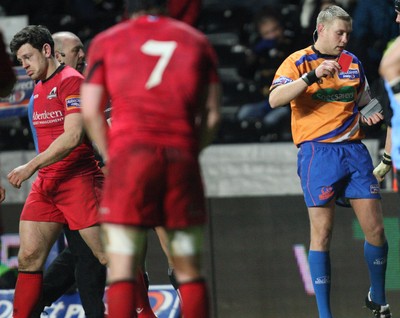 220213 - Ospreys v Edinburgh Rugby, RaboDirect PRO12 - Edinburgh's Nick De Luca (left) leaves the field after being red carded 