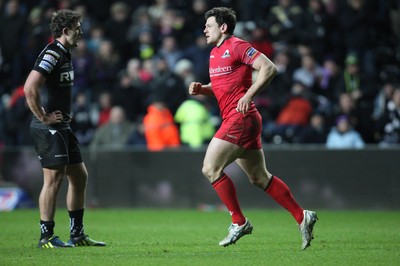 220213 - Ospreys v Edinburgh Rugby, RaboDirect PRO12 - Edinburgh's Nick De Luca leaves the field after being red carded 