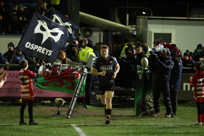 230126 - Ospreys v Emirates Lions - United Rugby Championship - Keiran Williams of Ospreys runs out on his 100th cap