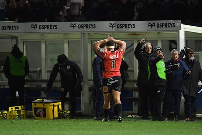 230126 - Ospreys v Emirates Lions - United Rugby Championship - SJ Kotze of Lions is shown a yellow card