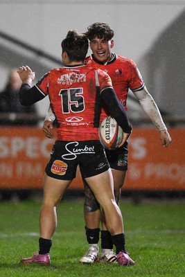 230126 - Ospreys v Emirates Lions - United Rugby Championship - Quan Horn of Lions celebrates scoring a try with team mates