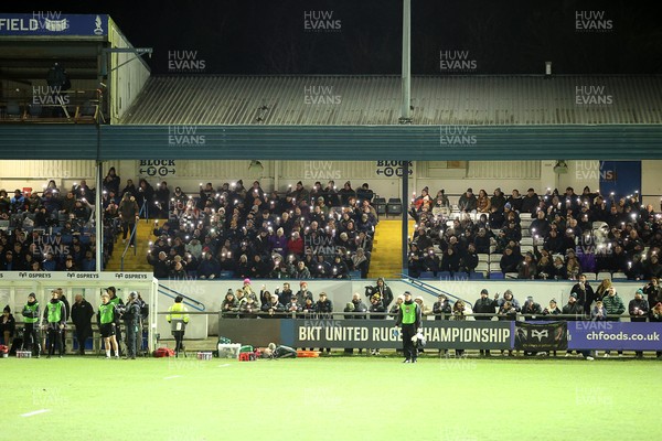 230126 - Ospreys v Emirates Lions - United Rugby Championship - Ospreys fans protest the potential changes to Welsh Rugby during the game on the 11th minute