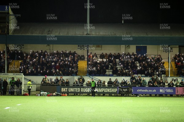 230126 - Ospreys v Emirates Lions - United Rugby Championship - Ospreys fans protest the potential changes to Welsh Rugby during the game on the 11th minute