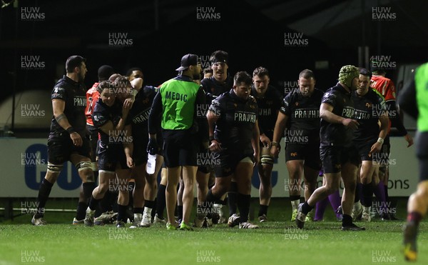 230126 - Ospreys v Emirates Lions - United Rugby Championship - Dewi Lake of Ospreys celebrates scoring a try with team mates