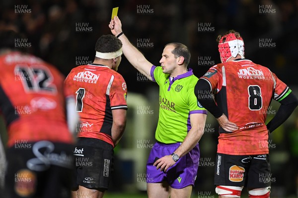 230126 - Ospreys v Emirates Lions - United Rugby Championship - SJ Kotze of Lions is shown a yellow card