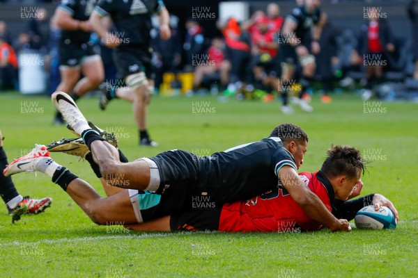 300324 - Ospreys v Emirates Lions - United Rugby Championship - Quan Horn of Emirates Lions goes over for try