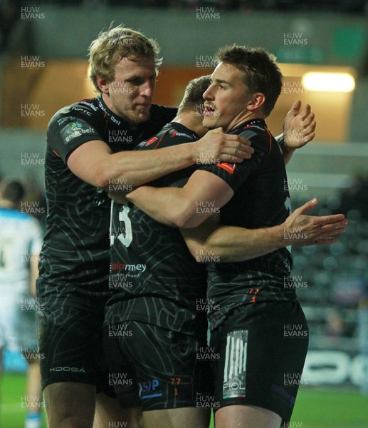 291113 - Ospreys v Glasgow Warriors - RaboDirect PRO12 - Jeffrey Hassler of Ospreys celebrates scoring the first try 