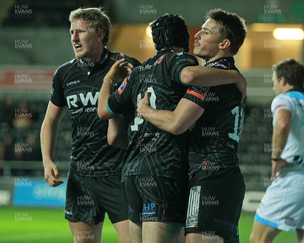 291113 - Ospreys v Glasgow Warriors - RaboDirect PRO12 - Jeffrey Hassler of Ospreys celebrates scoring the first try 