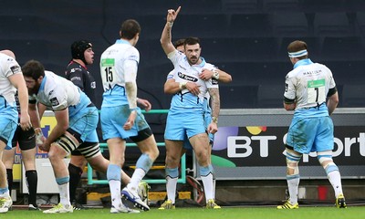 310116 - Ospreys v Glasgow - Guinness PRO12 - Rory Hughes of Glasgow celebrates scoring a try