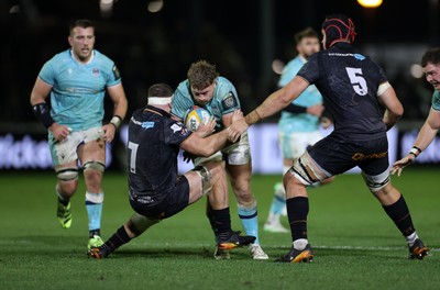 181025 - Ospreys v Glasgow Warriors - United Rugby Championship - Angus Fraser of Glasgow is tackled by Morgan Morse of Ospreys 