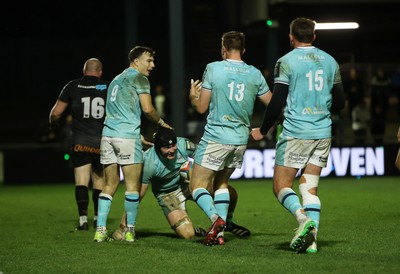 181025 - Ospreys v Glasgow Warriors - United Rugby Championship - Euan Ferrie of Glasgow celebrates scoring a try