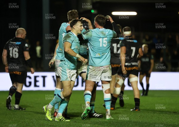 181025 - Ospreys v Glasgow Warriors - United Rugby Championship - Euan Ferrie of Glasgow celebrates scoring a try